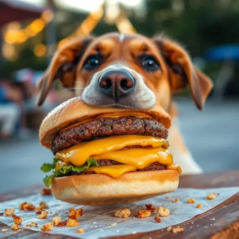 dog eating burger