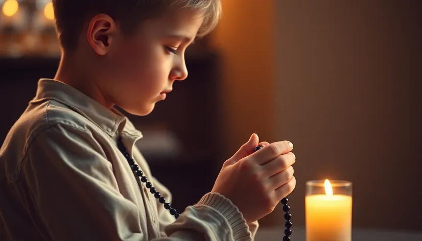 boy praying rosary adoration