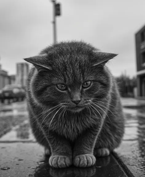 sad cat greyscale raining