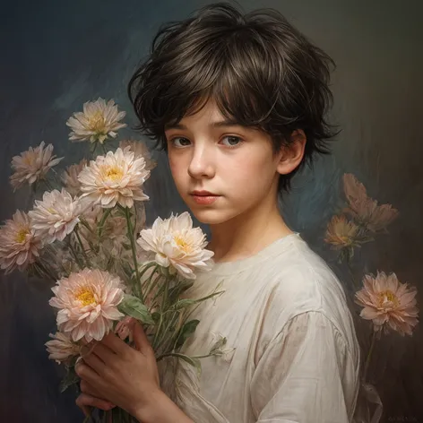 a boy holding flowers