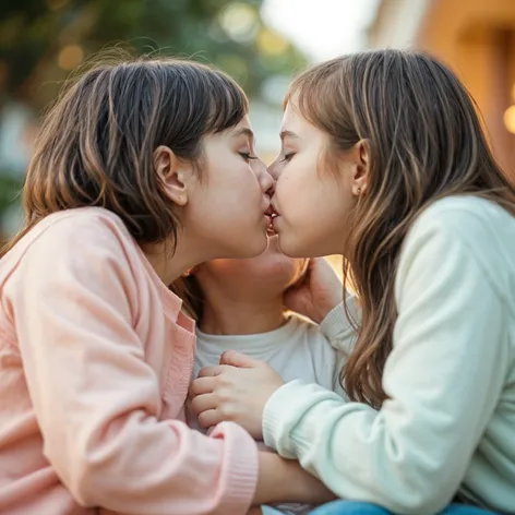 girls, kids, kissing