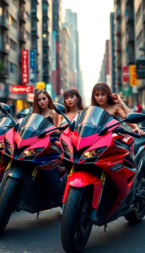 girls posing with superbikes