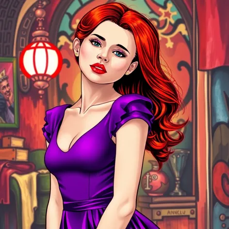 red hair purple dress