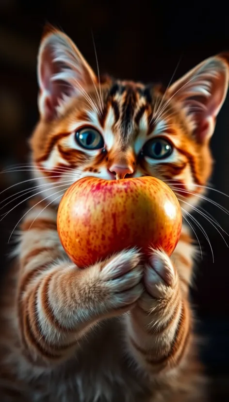 cat holding apple