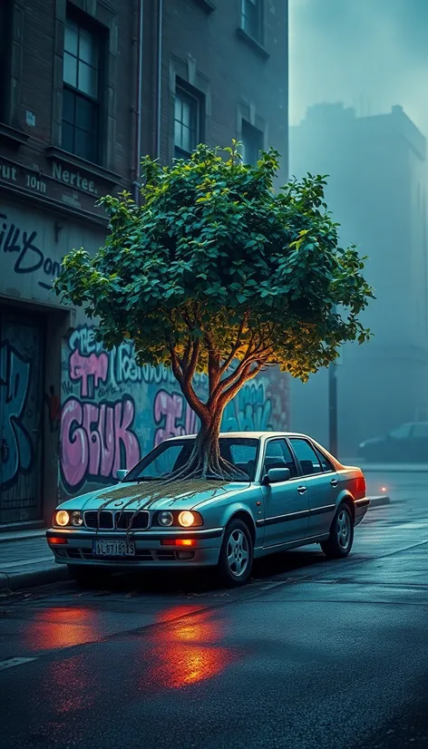 tree growing through car