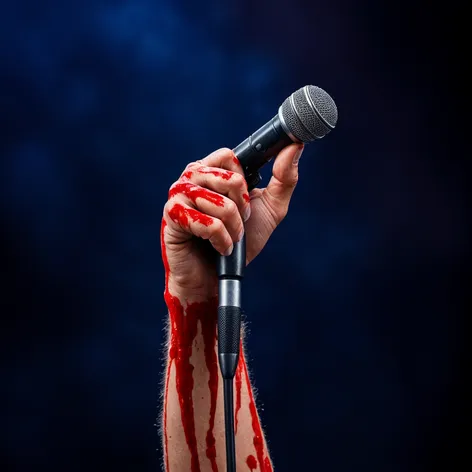 Bloody hand gripping microphone,