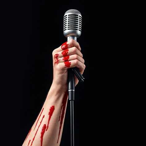 Bloody hand gripping microphone,