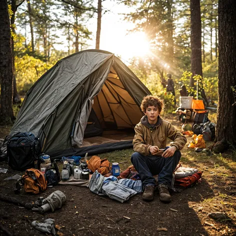 boys tent camping outside