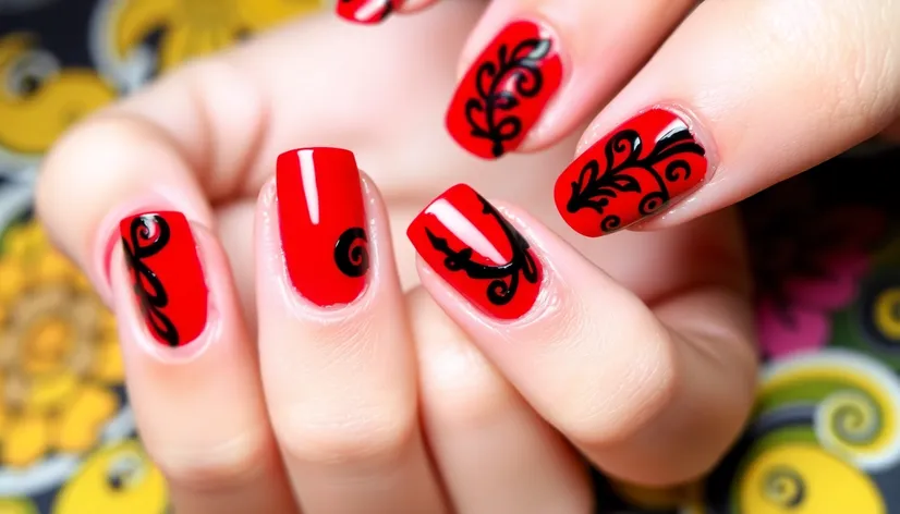 red nails black design