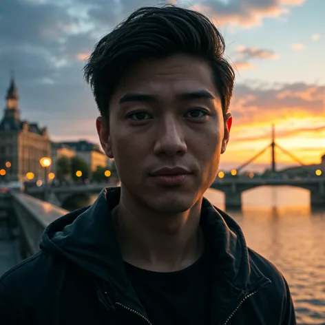 Asian-Man-Strolling-on-Europabrucke-Bridge-at-Sunset, front view, handsome,