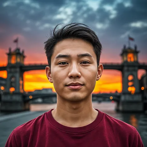 Asian-Man-Strolling-on-Europabrucke-Bridge-at-Sunset, front view, handsome,