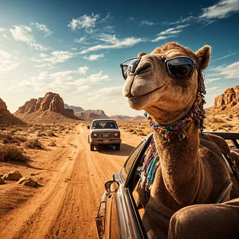 camel driving car