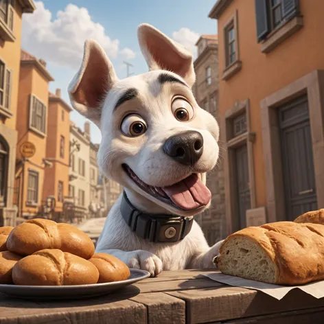 Dog eating bread while