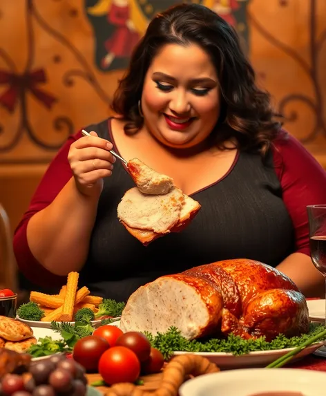 fat woman eating turkey