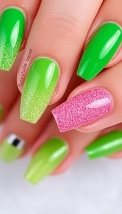 green and pink nails