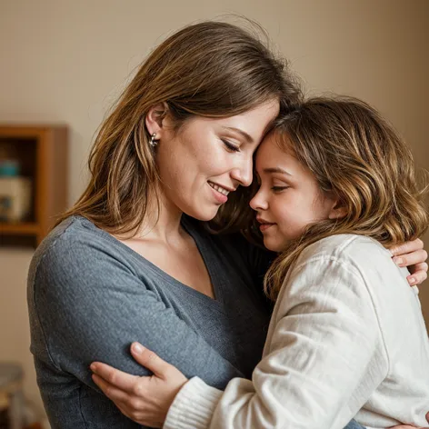 Mom kissing daughter