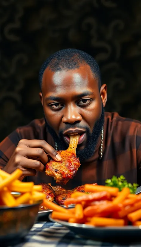 black man eating chicken