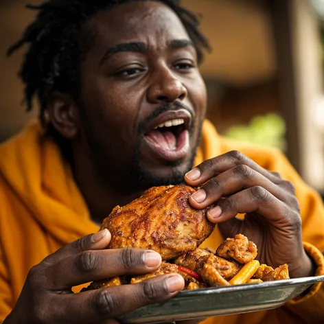 black person eating chicken