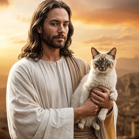 Jesus holding a siamese