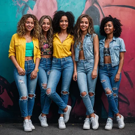 group of girls, jeans,