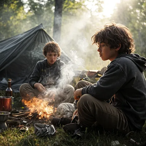 boys tent camping outside