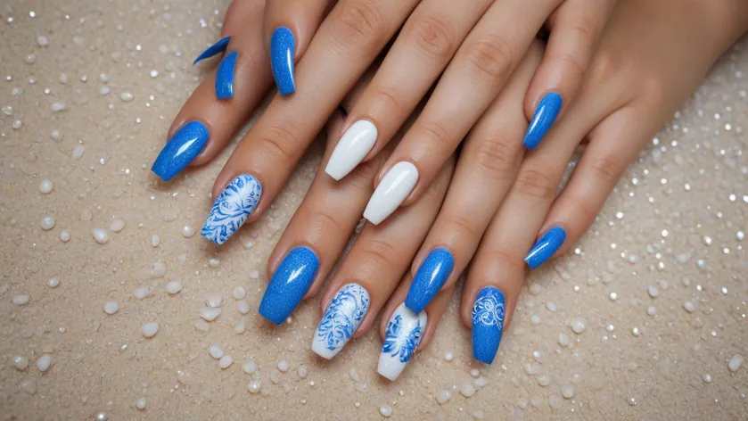 blue and white nails