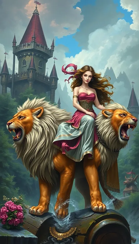 woman riding a lion