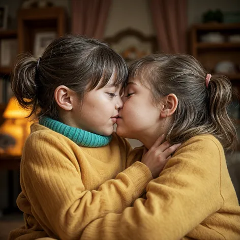 2 girls, kids, kissing