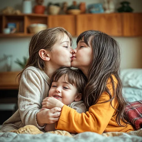 2 girls, kids, kissing