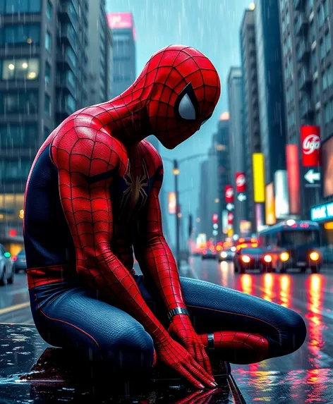 spiderman sitting in rain