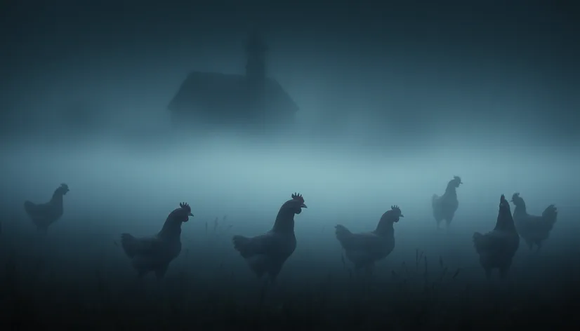 chickens in the mist