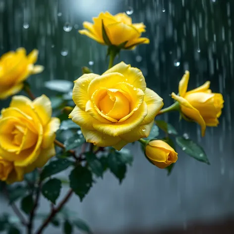 yellow roses in rain