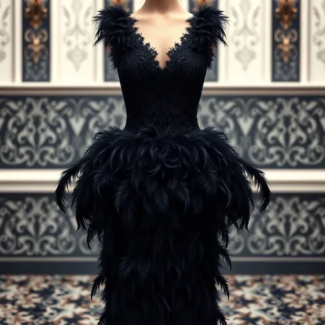 black dress with feathers