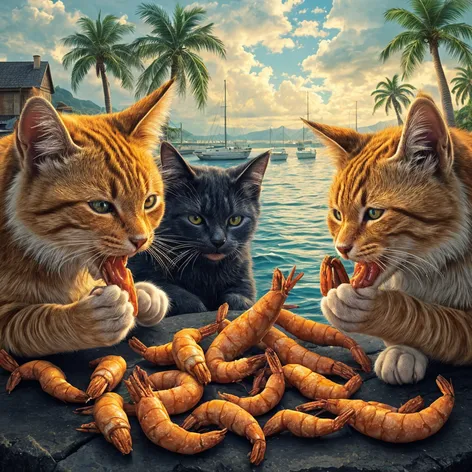 cats eating shrimp