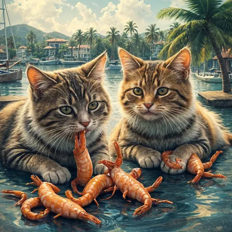 cats eating shrimp