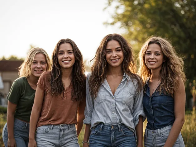 group of girls, jeans,