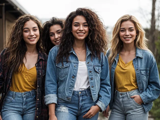 group of girls, jeans,