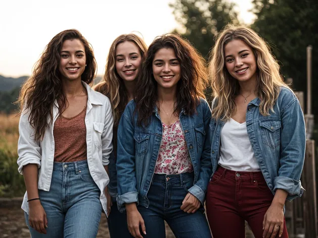 group of girls, jeans,