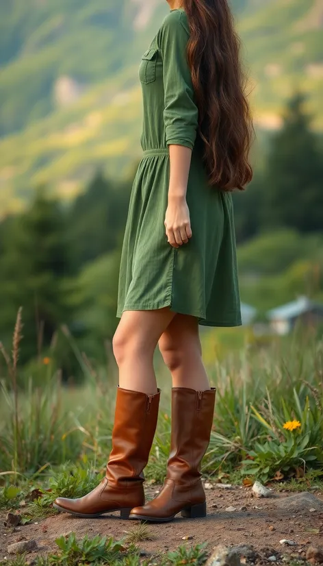 green dress and brown