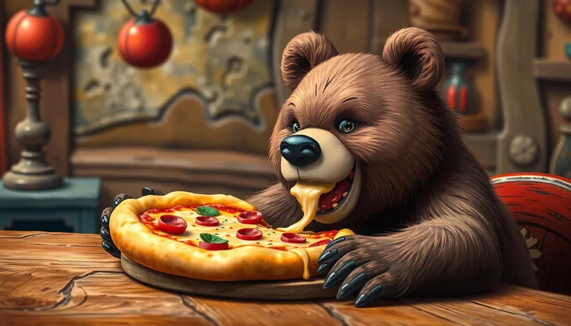 bear eating pizza