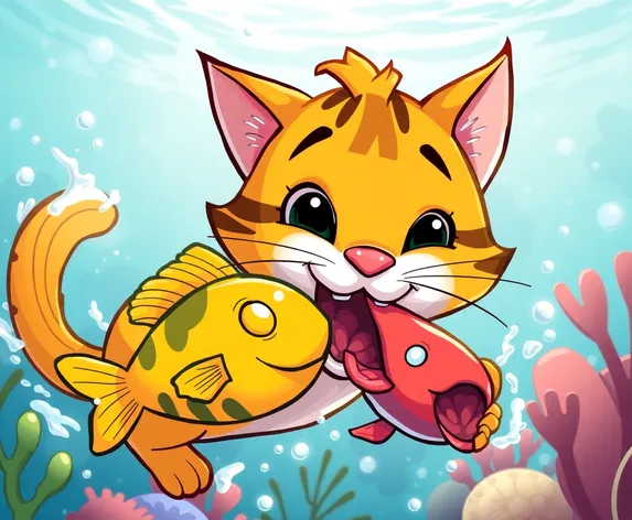 cat eating fish cartoon