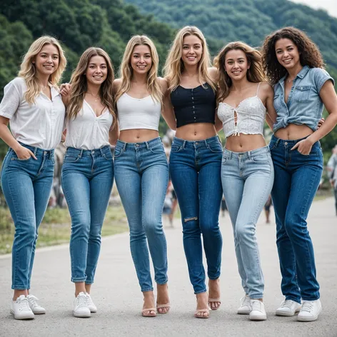 group of girls, jeans,