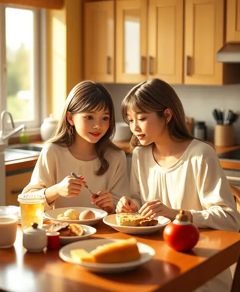 two sisters eatingbreakfast drawing