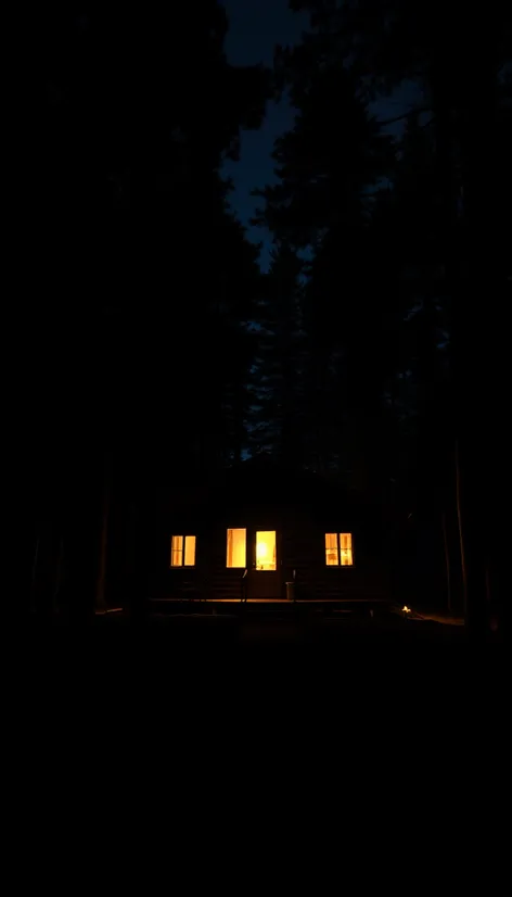 cabin nighttime woods stock