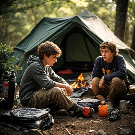 boys tent camping outside