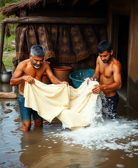 men washing clothes art