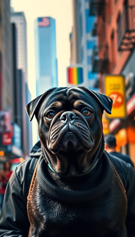 men and black pug