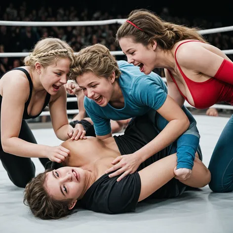 4 playful women wrestling