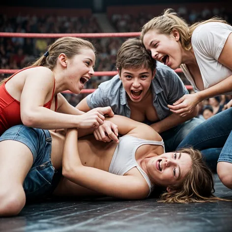 4 playful women wrestling