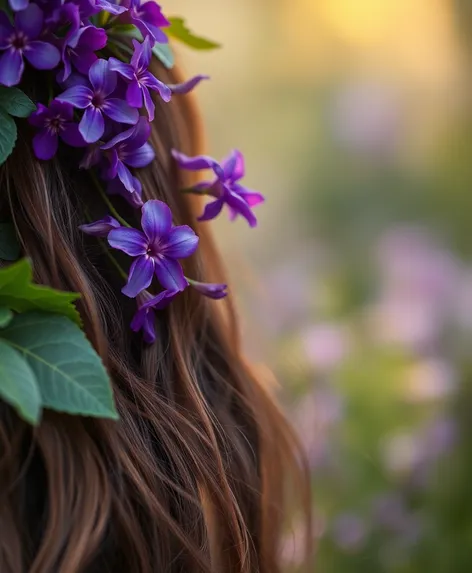 purple flowers in hair